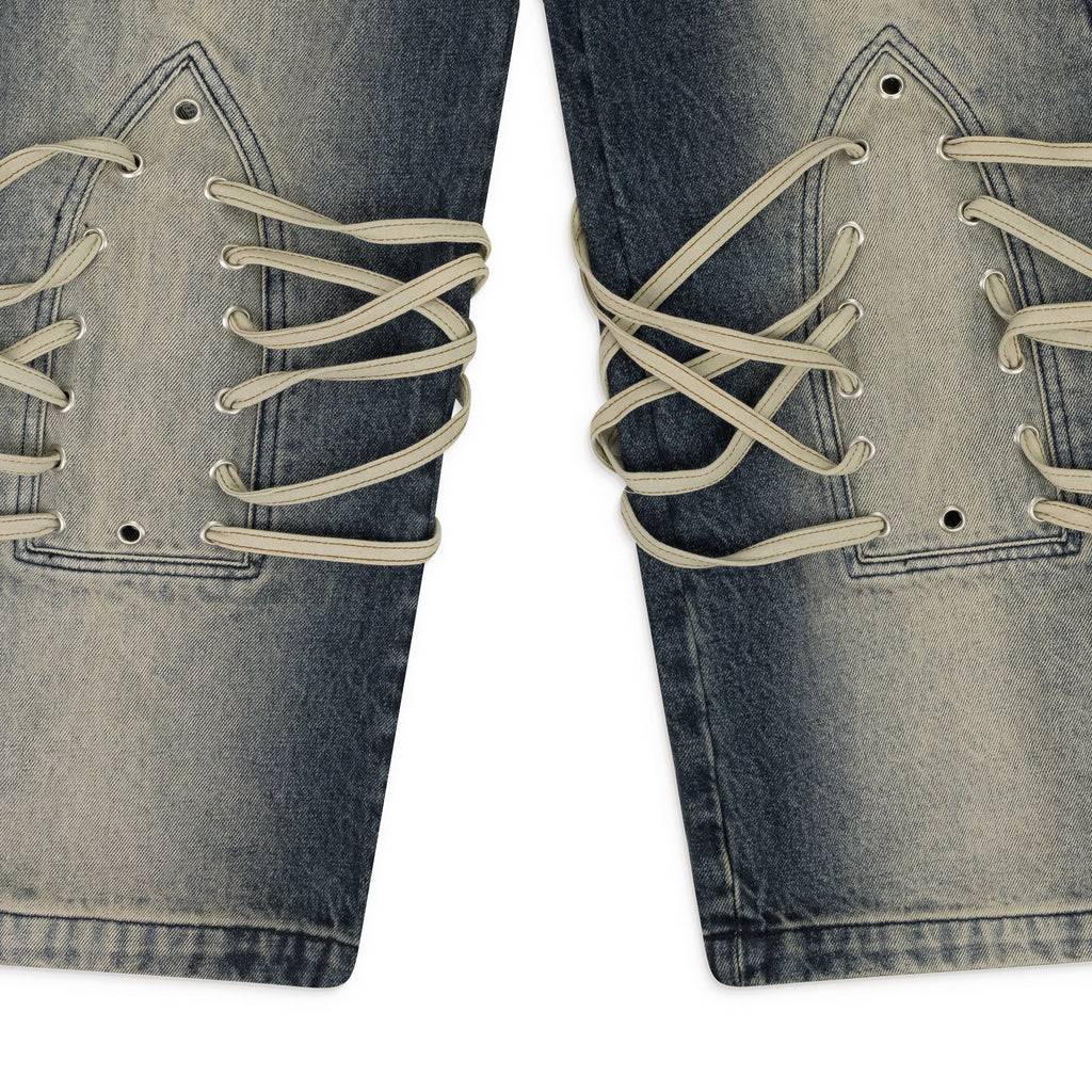 INDIGO LACED STAINED WIDE-LEG JEANS