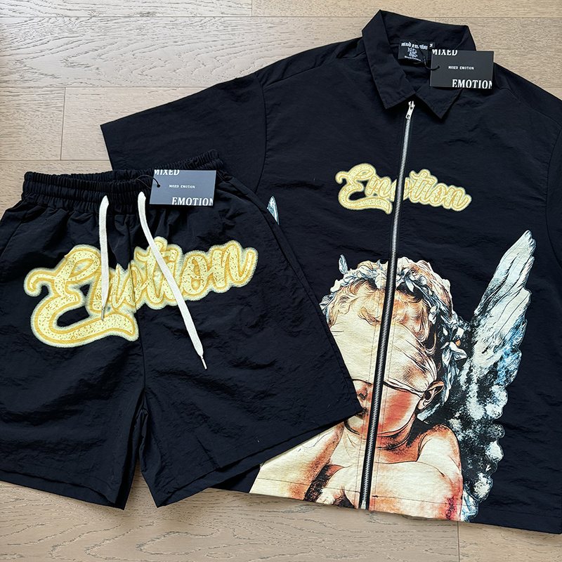 MIXED EMOTION Angel Graphic Zip Shirt & Shorts Set
