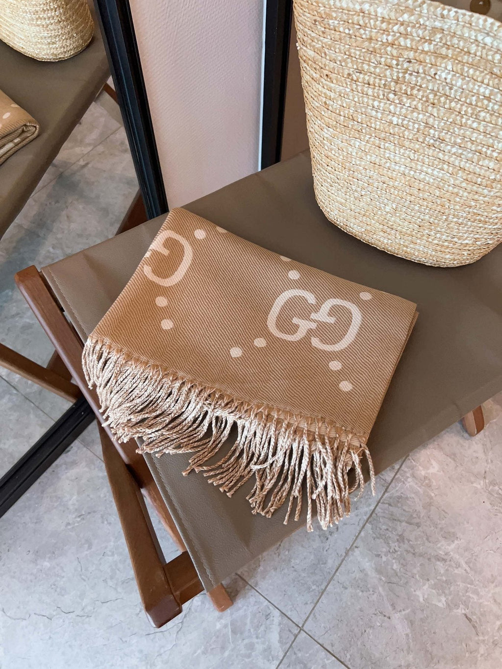 Gucci Tan Cream Motif Fringed Scarf