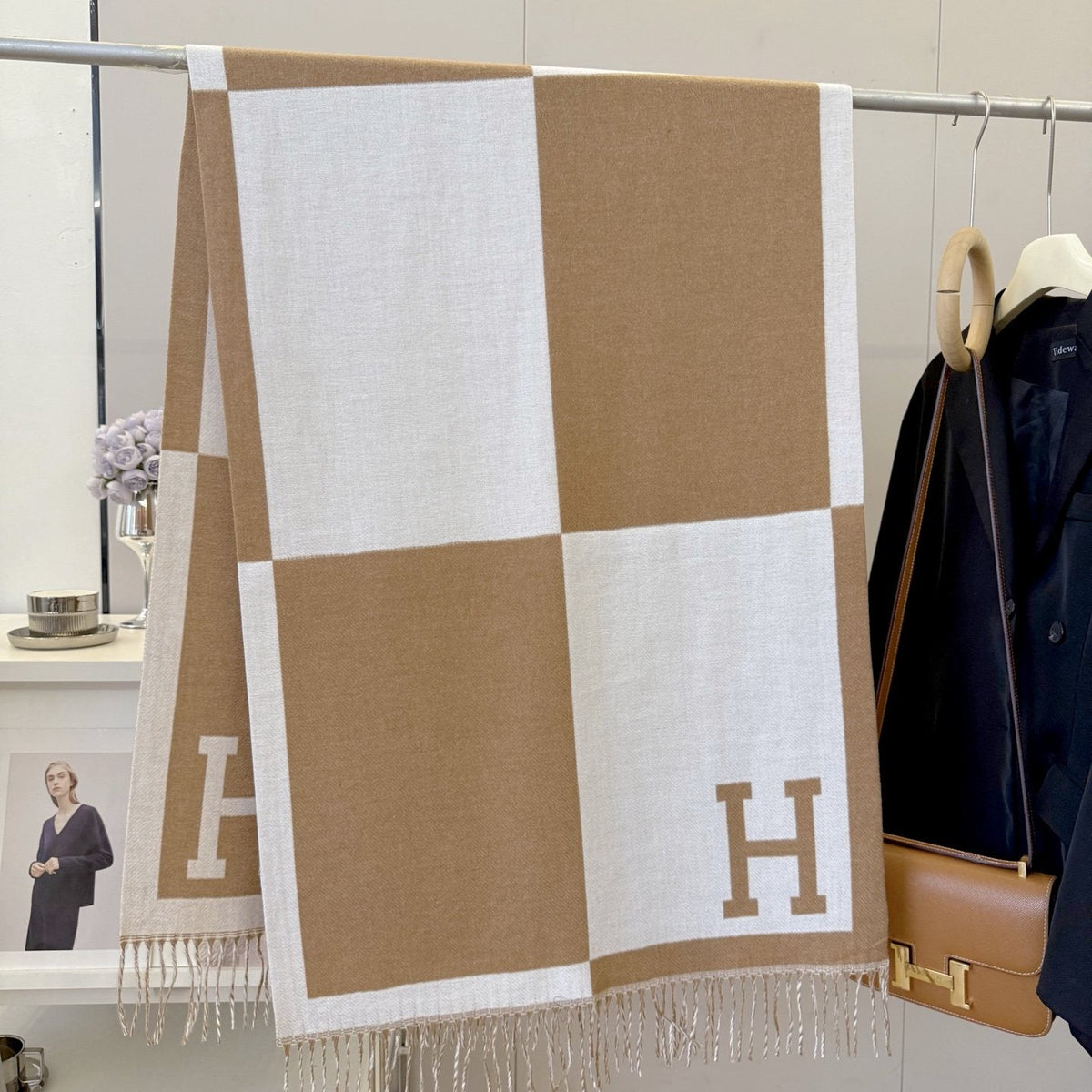 Hermes Fringed Color-Block Letter-Motif Scarf