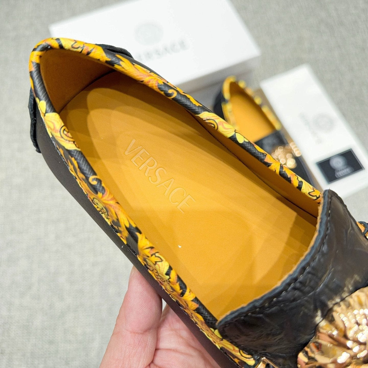 Versace Men's Black Gold-Tone Hardware Loafers - Embossed Texture