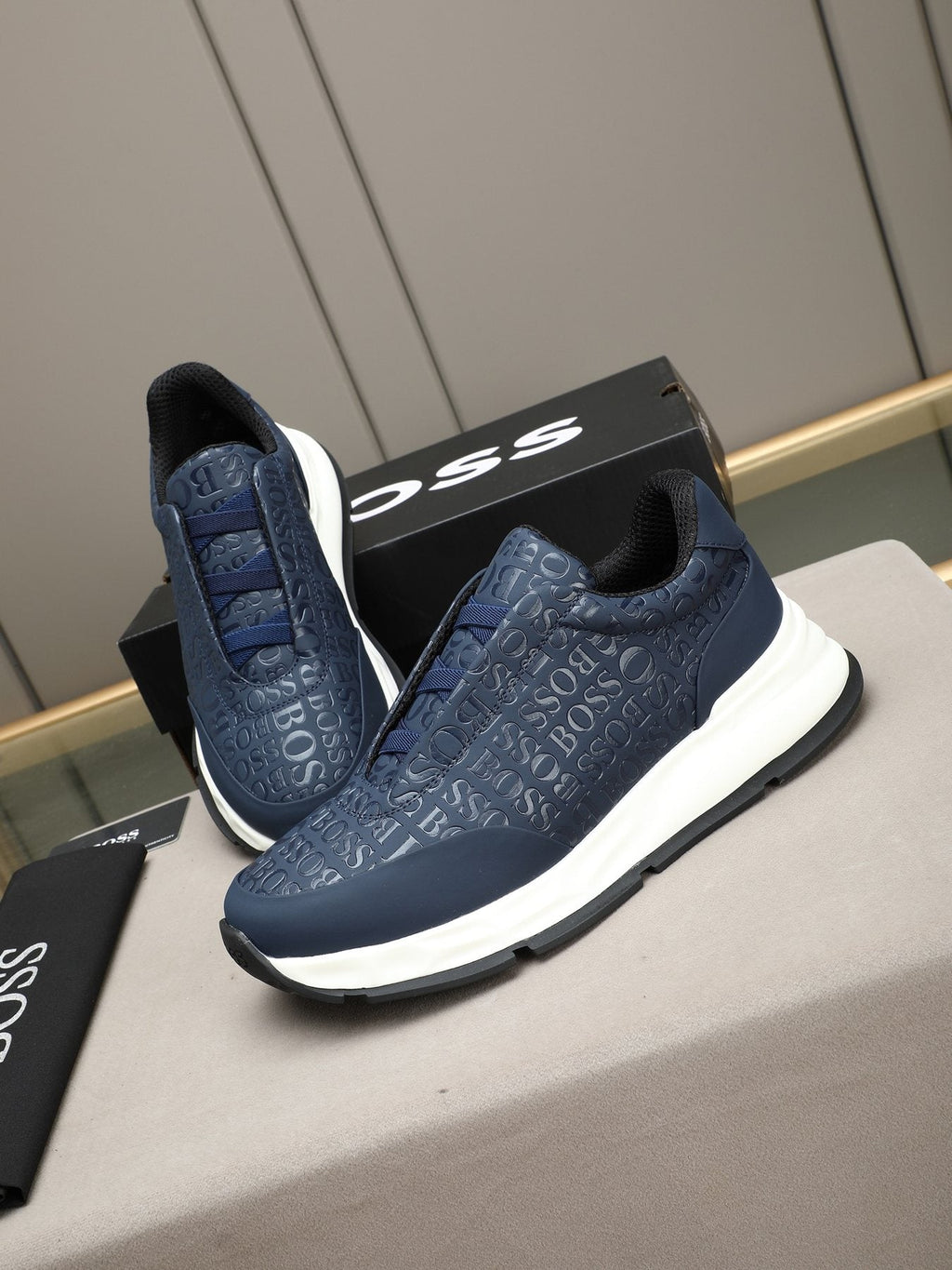BOSS Navy Textured Slip-On Sneakers - Padded Collar