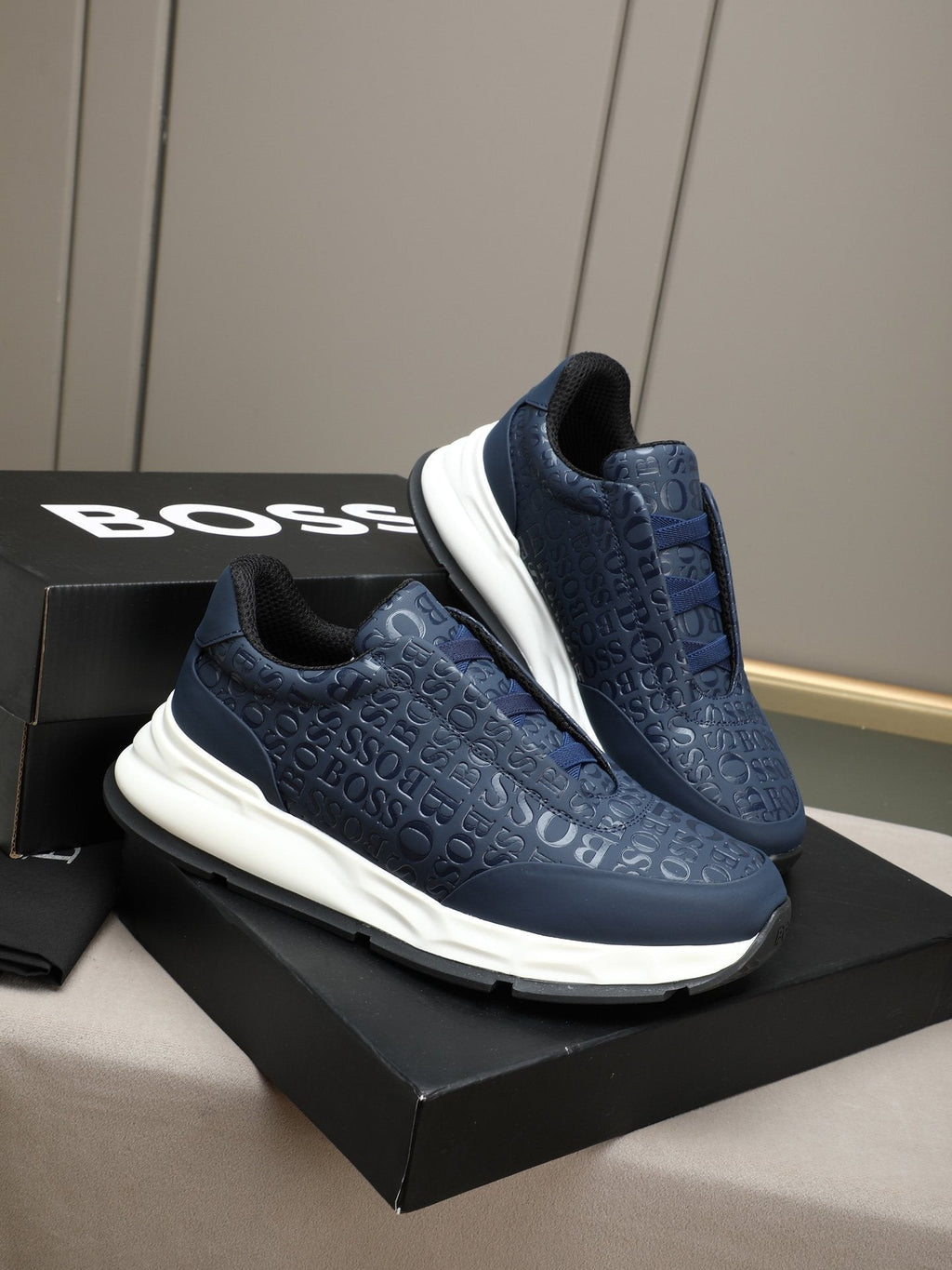 BOSS Navy Textured Slip-On Sneakers - Padded Collar