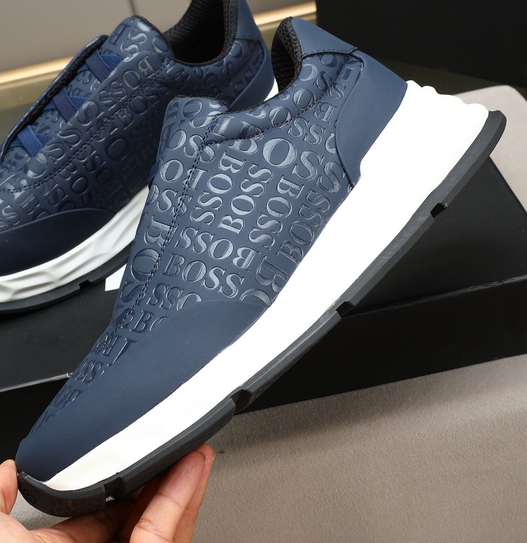 BOSS Navy Textured Slip-On Sneakers - Padded Collar