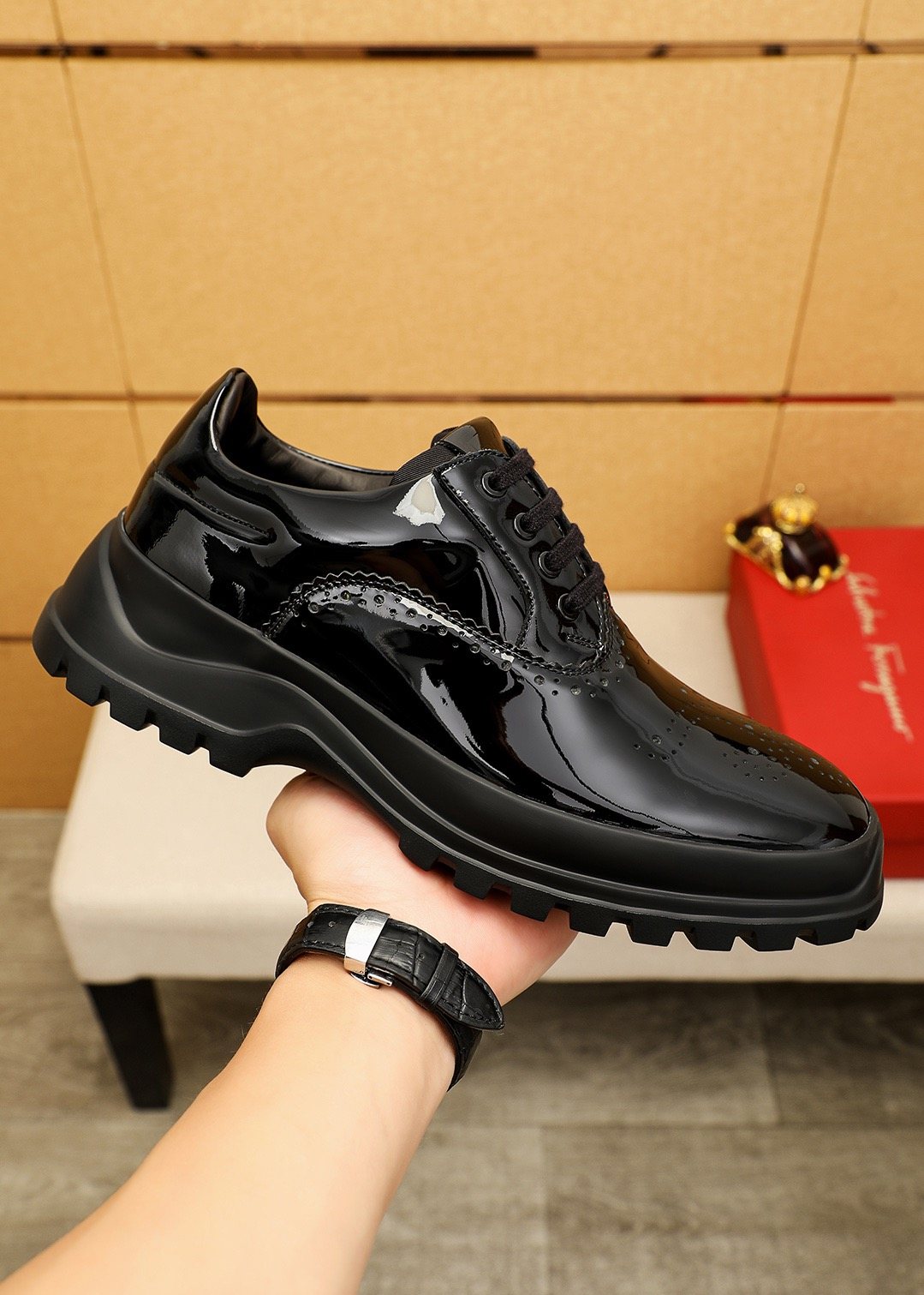 Ferragamo Black Patent Lace-Up Shoes