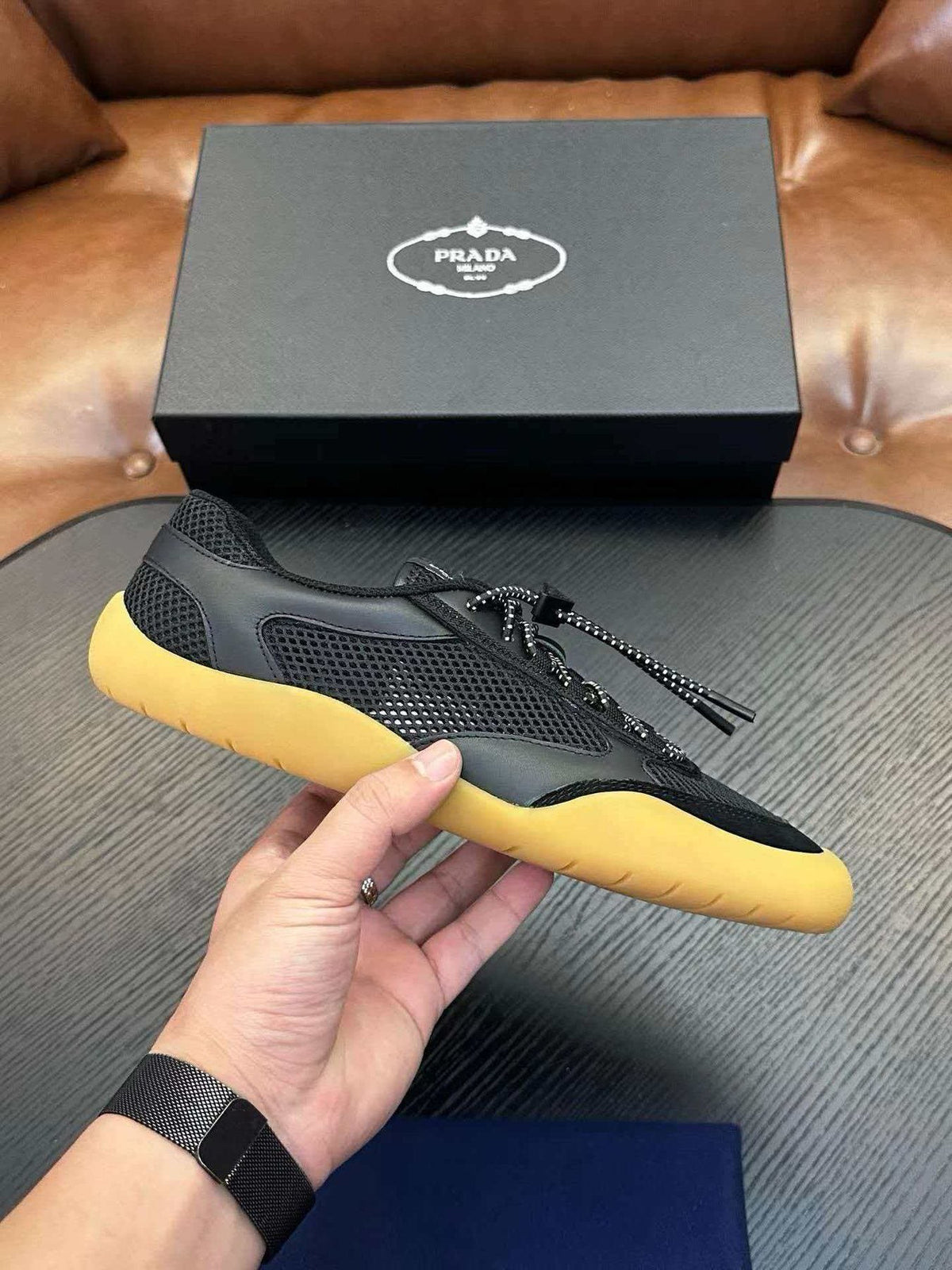 Prada Men's Black Yellow-Sole Sneakers