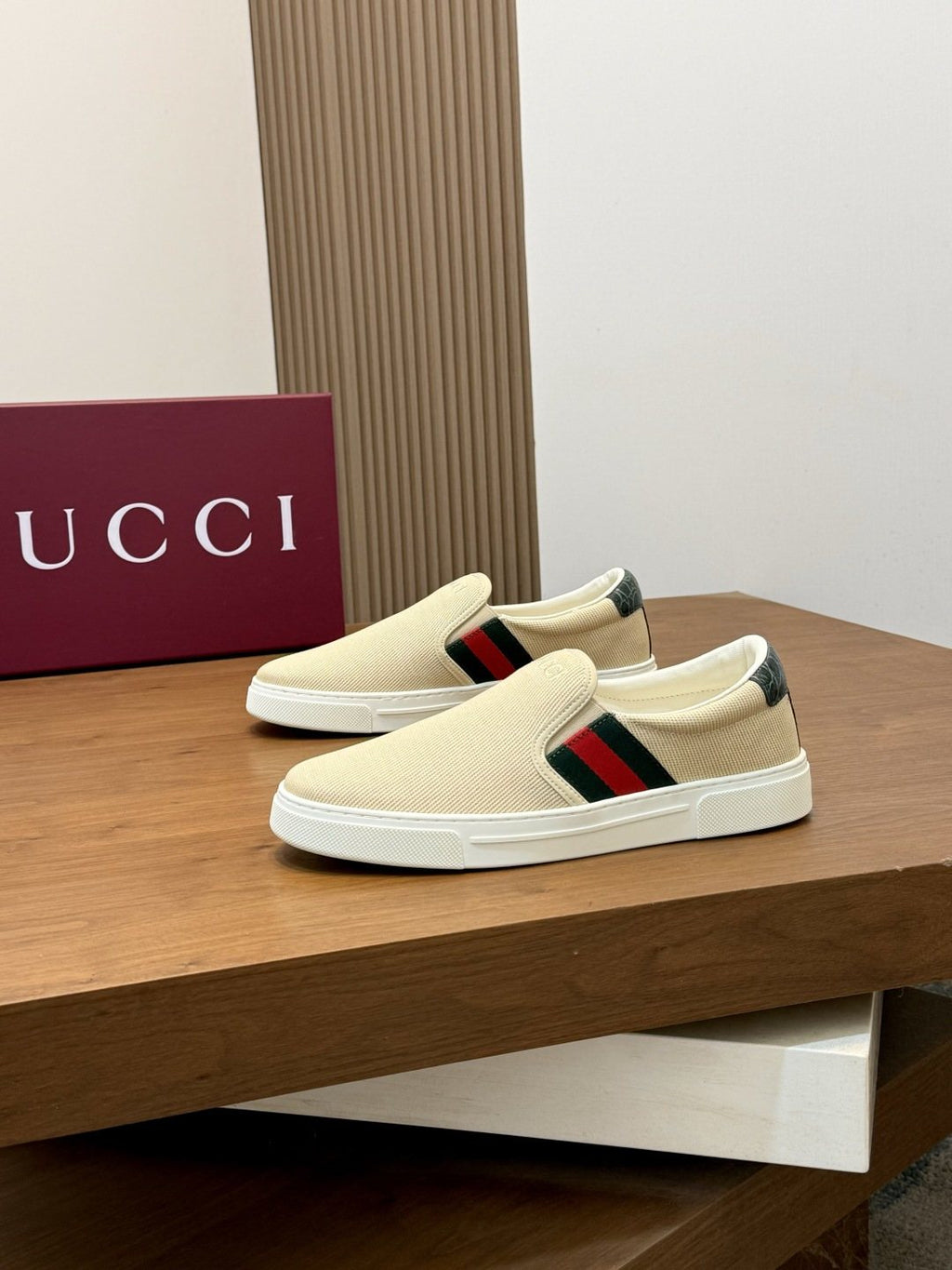 Gucci Beige Web Stripe Slip-On Sneakers