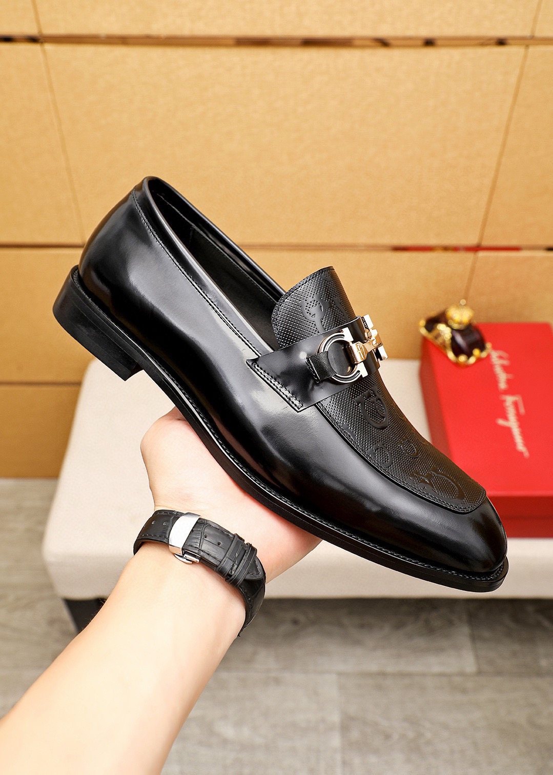 Ferragamo Black Buckle Loafers - Embossed Texture, Rubber Outsole