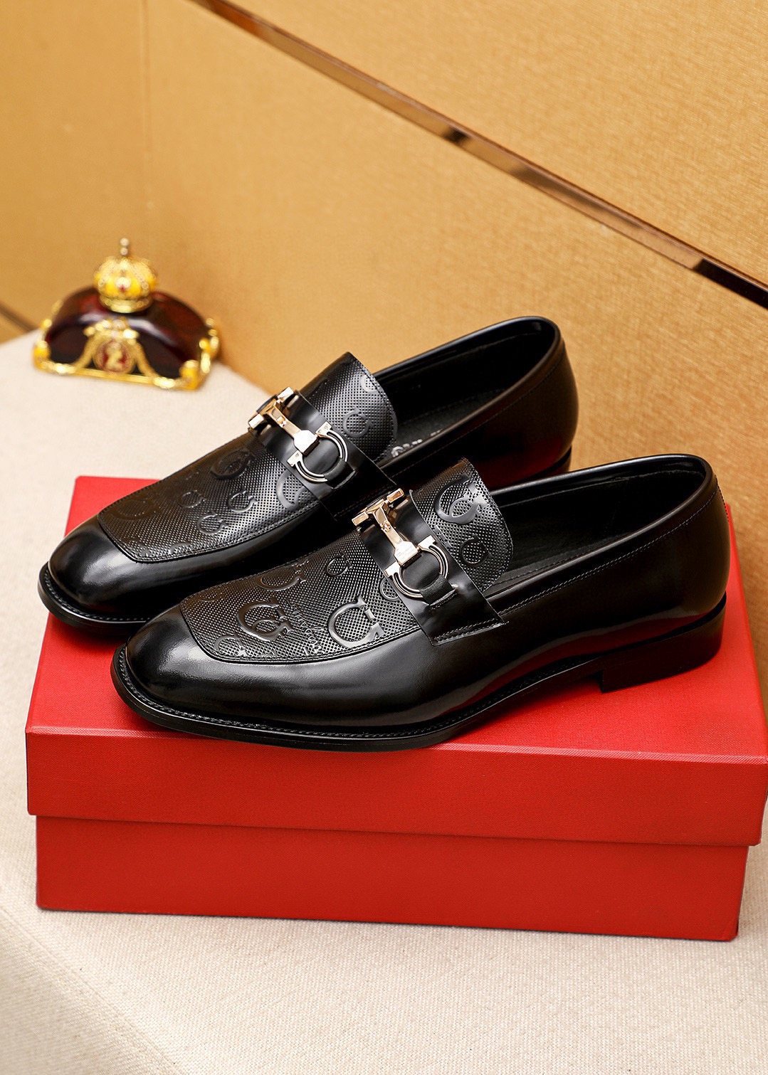 Ferragamo Black Buckle Loafers - Embossed Texture, Rubber Outsole