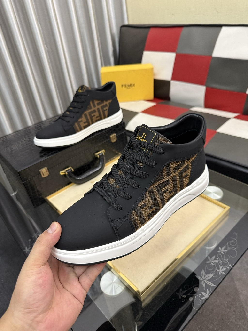 Fendi Patterned-Panel Lace-Up Sneakers