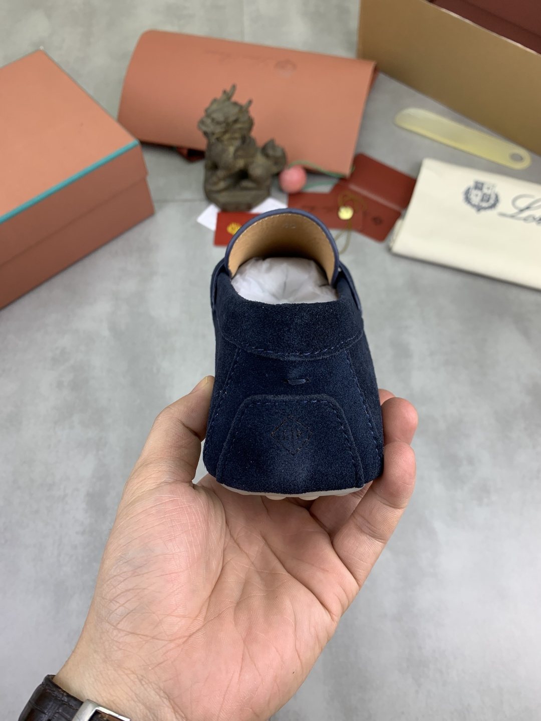 Loro Piana Navy Blue Moc-Toe Loafers