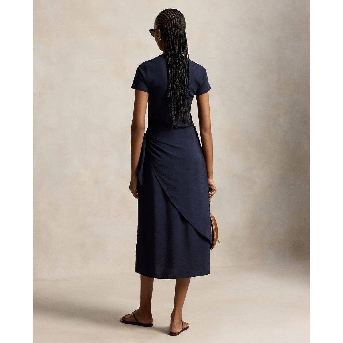 Ralph Lauren Short-Sleeve Faux-Wrap Tie Midi Dress