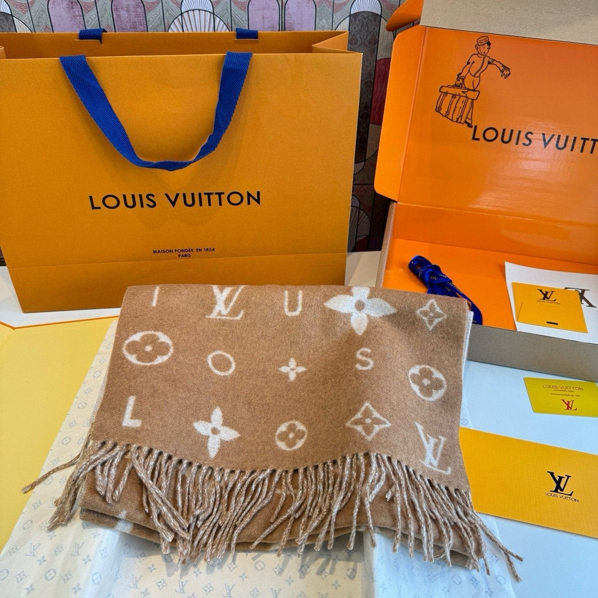 Louis Vuitton Fringed Wool Monogram Scarf
